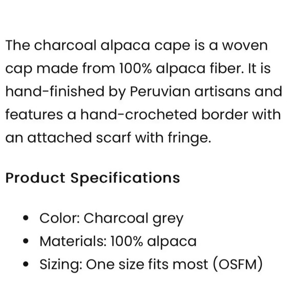 Alpaca Camaago Womens Unlined Woven Alpaca Cape Charcoal Grey Size OSFM - Picture 6 of 13